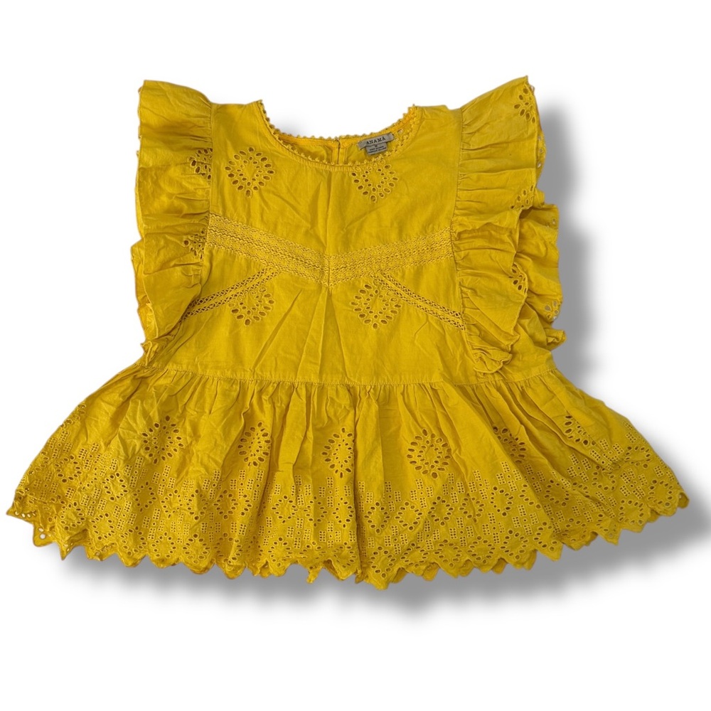 Anthropologie Anama Tunic Top Ruffle Sleeve Mustard Yellow Boho Open Cottagecore